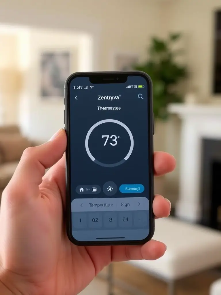 A close-up shot of the Zentryva app on a smartphone, showing the remote control interface for the smart thermostat, with options to adjust temperature and set schedules.