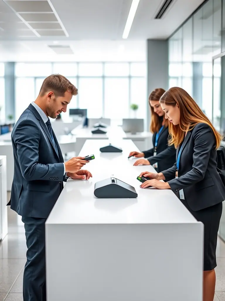 An office setting with employees using badge entry systems to access different areas, emphasizing Zentryva's expertise in commercial access control solutions.