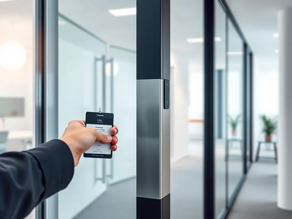 A smart lock installed on a glass office door, with a person using a badge to gain access, showcasing the seamless integration of security and convenience.