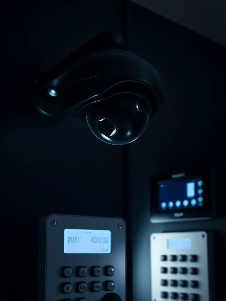 A surveillance camera integrated with an access control system, providing real-time monitoring and enhanced security, reflecting Zentryva's comprehensive security solutions.