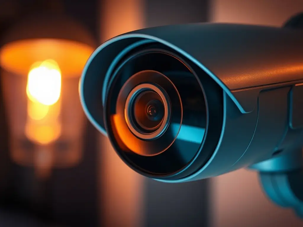 A close-up shot of a CCTV camera lens, focusing on its high-resolution capabilities and advanced recording technology.