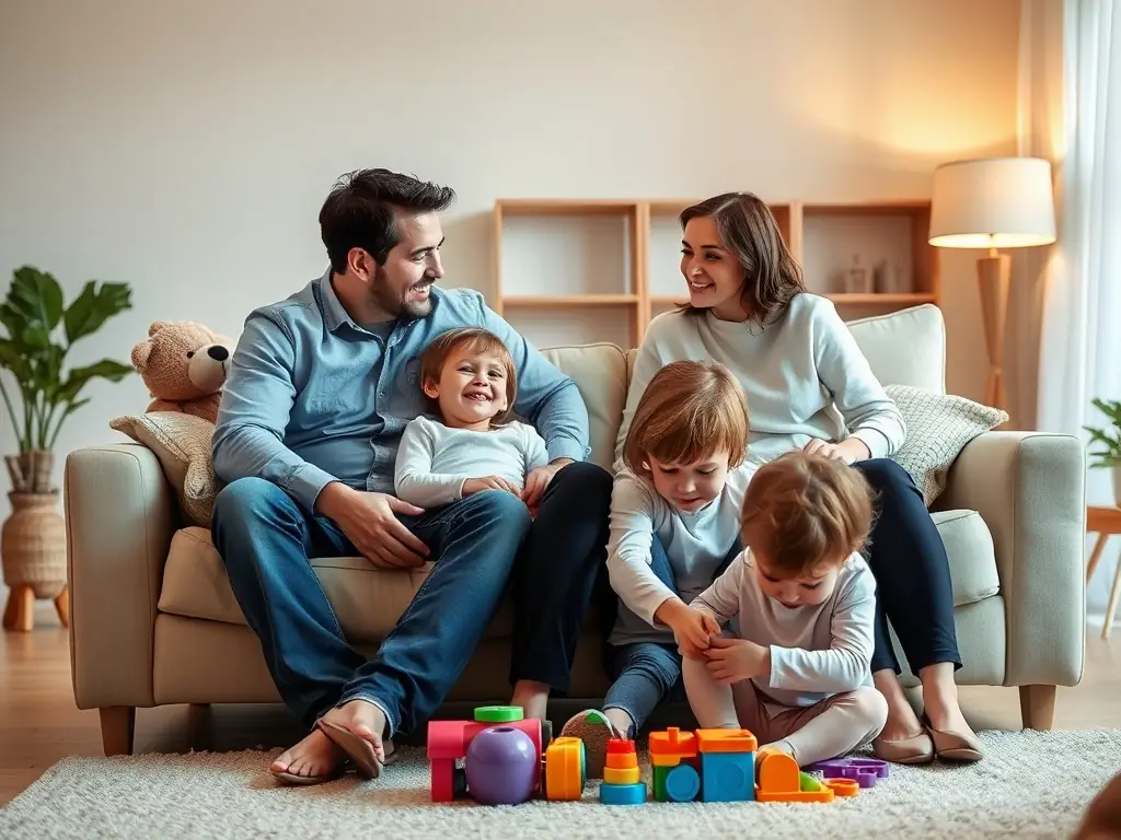 A family enjoying a comfortable living room, with the Zentryva smart thermostat subtly visible in the background, indicating a cozy and well-regulated home environment.