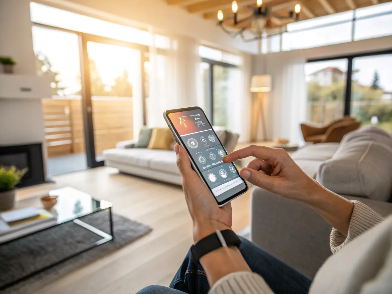 A person using the Zentryva mobile app on their smartphone to remotely adjust the temperature settings of their home thermostat, highlighting the convenience and accessibility of the system.