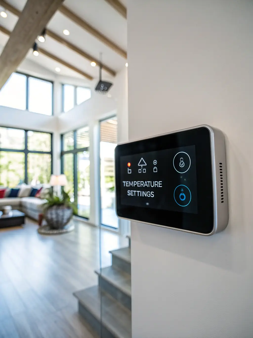 A high-resolution photo showcasing Zentryva's smart thermostat with a user-friendly touchscreen interface, displaying current temperature and settings, in a modern living room setting.