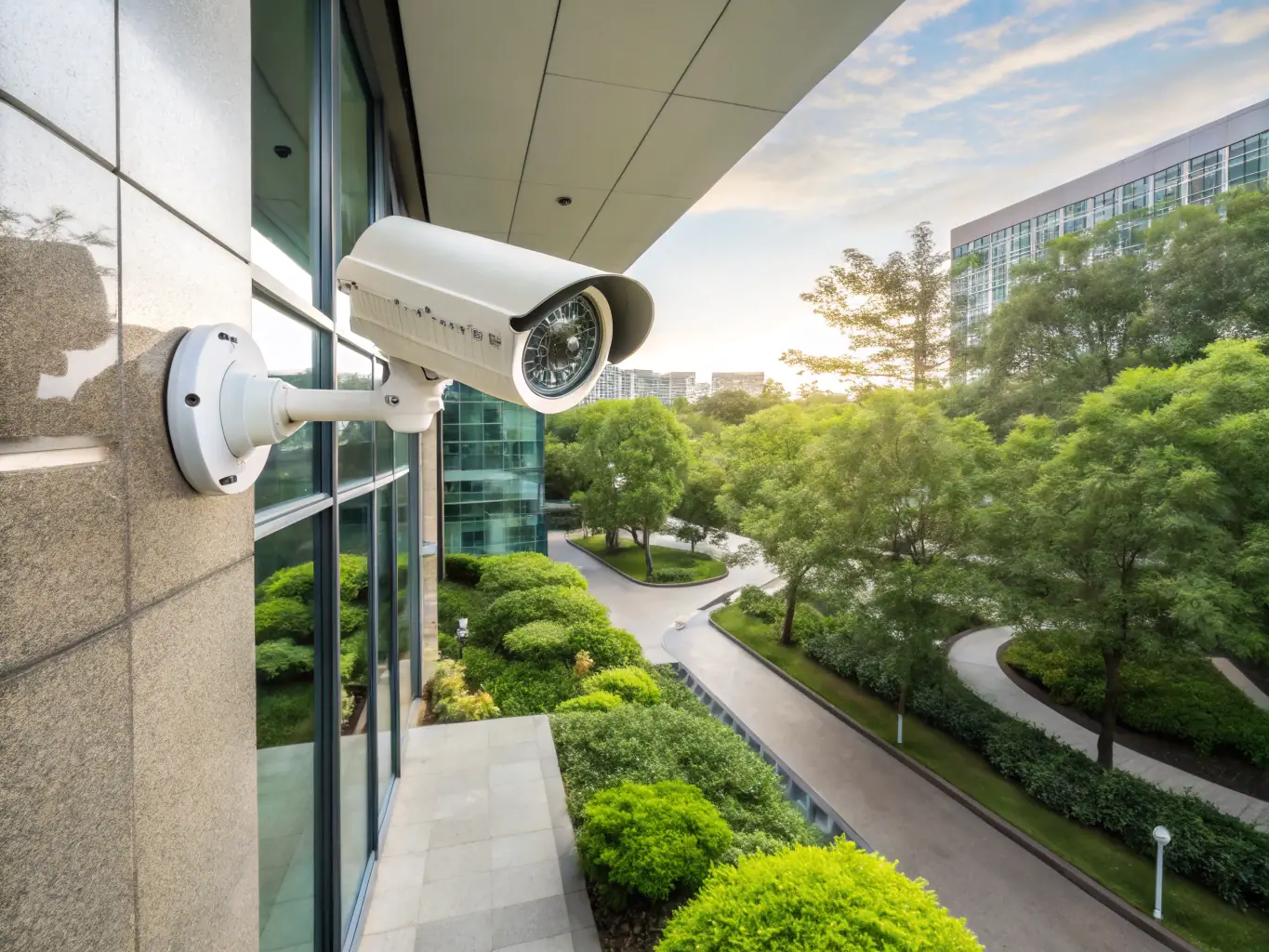 A high-definition CCTV camera mounted on the exterior wall of a modern office building, capturing a wide-angle view of the parking lot and entrance, under a clear blue sky.