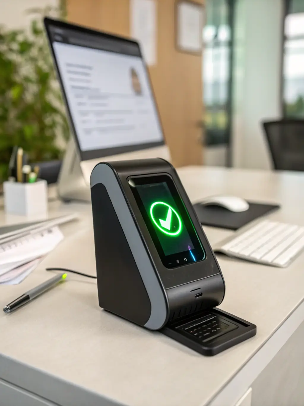 A modern office entrance featuring a sleek, glass door with a biometric fingerprint scanner installed, showcasing Zentryva's advanced access control technology.