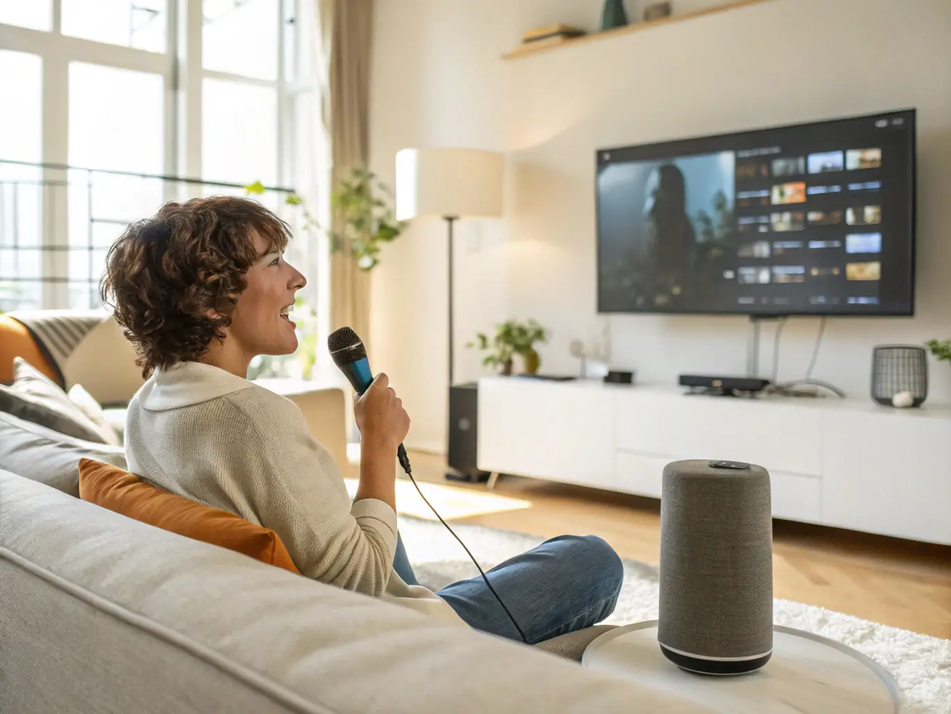 A person using voice commands to control their smart home devices, including lights and music, demonstrating the convenience and hands-free operation of Zentryva's voice control integration.