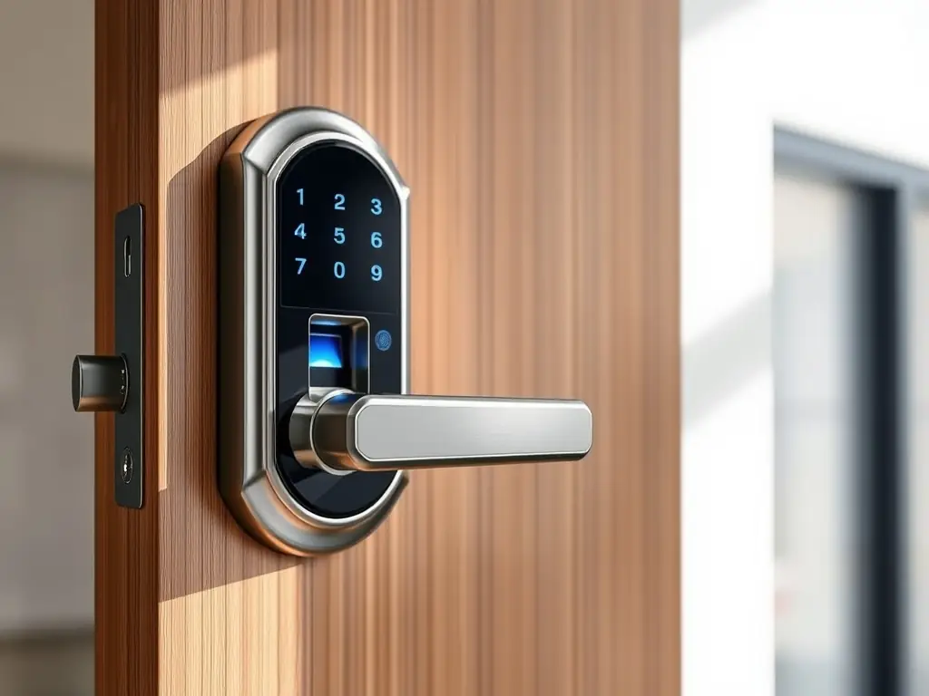 A smart lock installed on an office door, with an employee using a badge to gain access, showcasing the advanced access control system.