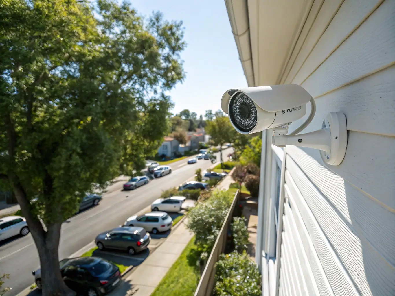 A high-definition CCTV camera mounted on the exterior wall of a modern home, capturing a wide-angle view of the property and street, under a clear blue sky.