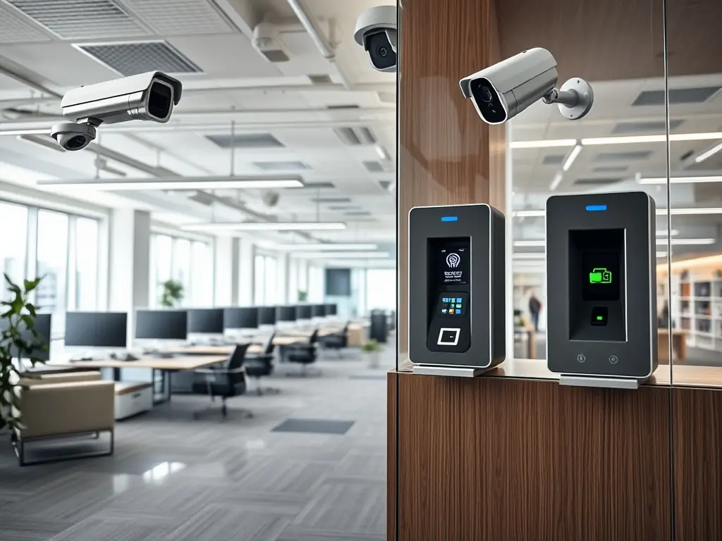 A high-resolution image depicting a Zentryva security system control panel with various sensors and a central monitoring display, showcasing real-time data and alerts in a modern office environment.