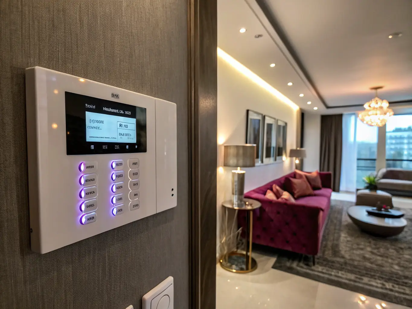 A sleek, modern alarm system control panel mounted on the wall inside a contemporary office, displaying a green 'System Armed' status with a user-friendly interface.