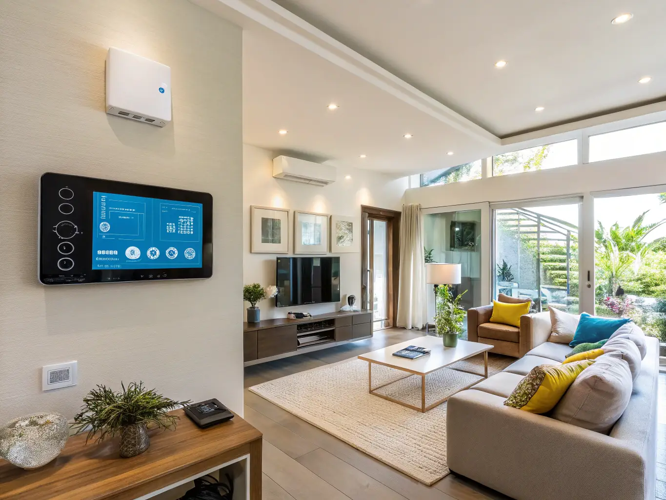 A modern home interior showcasing smart lighting and a digital thermostat, illustrating Zentryva's smart home automation services.