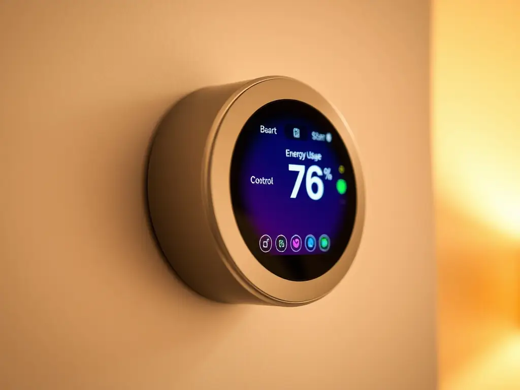 A modern thermostat displaying energy-saving settings, integrated with a smart home system, showing how homeowners can remotely adjust the temperature and monitor energy consumption.