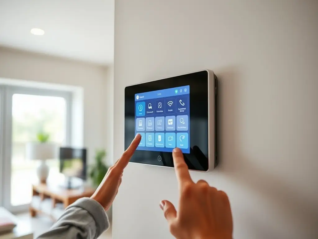 A sleek, modern alarm system keypad mounted on a wall inside a home, with a user arming the system before leaving.