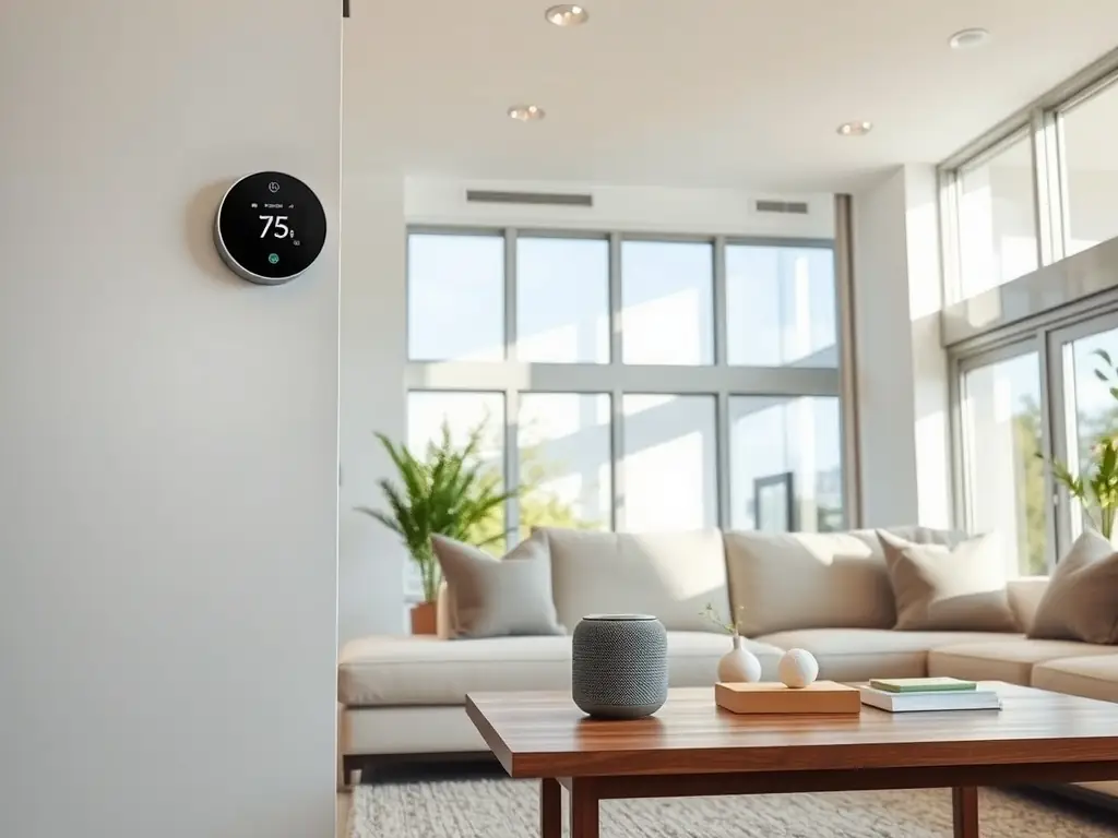 A modern living room setting with a Zentryva smart thermostat mounted on the wall, displaying an energy-saving mode with a leaf icon, showcasing the thermostat's sleek design and user-friendly interface.