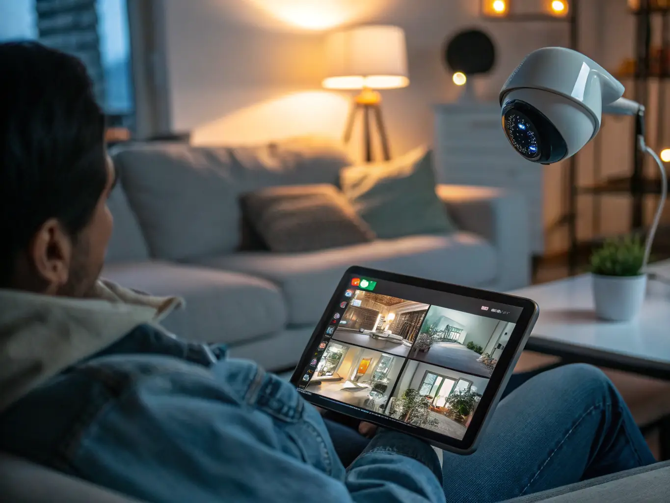 A digital illustration depicting a smartphone displaying live CCTV footage, with a person remotely monitoring their property from a different location.