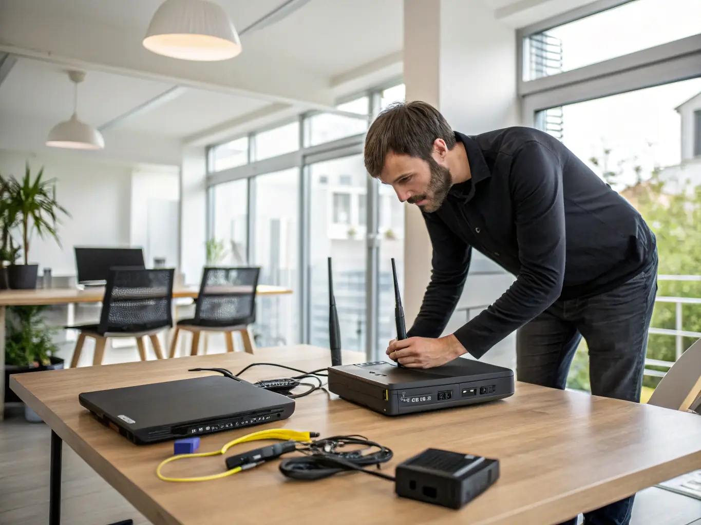 A technician configuring a network router in an office setting, representing Zentryva's network setup and configuration services.