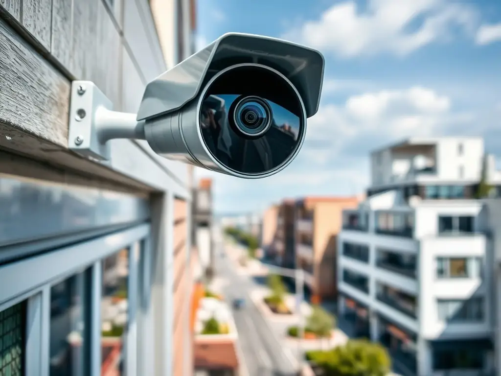 A high-definition image of a modern CCTV camera mounted on the exterior wall of a building, capturing a wide angle view of the surroundings during daylight.